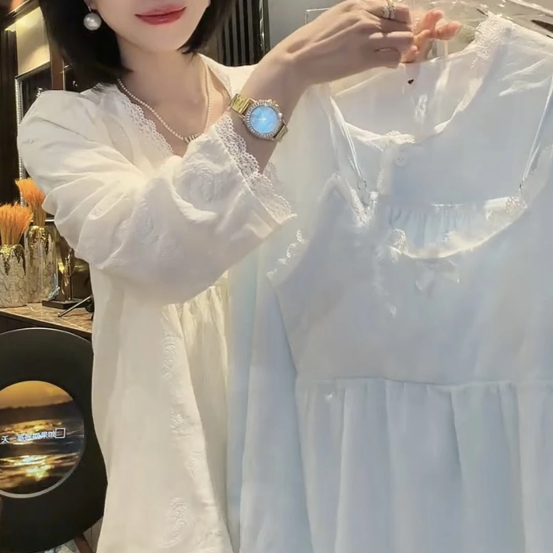 甜美长袖吊带裤子家居服三件套【实物微色差】