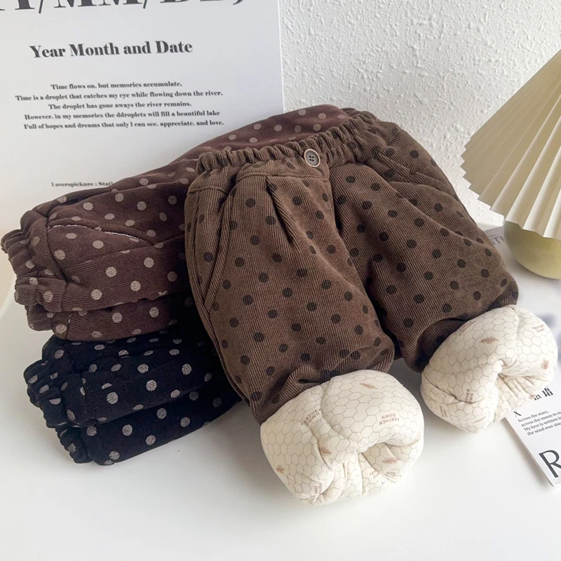 女童加绒冬季外穿长裤2025新款超好看加厚棉裤宽松时尚波点裤子冬