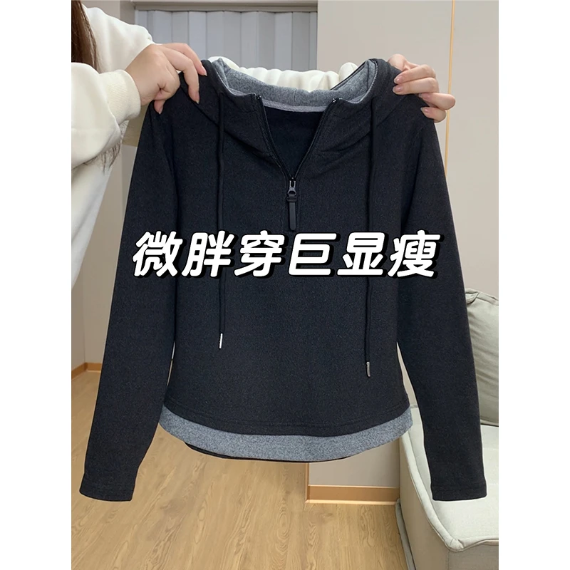 大码200斤个性原创青春拼色正肩假两件连帽卫衣女春季新款遮肉ins