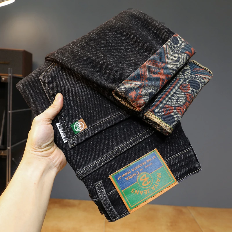 秋季男士轻奢牛仔裤男款新款修身弹力直筒裤刺绣印花休闲长裤子男