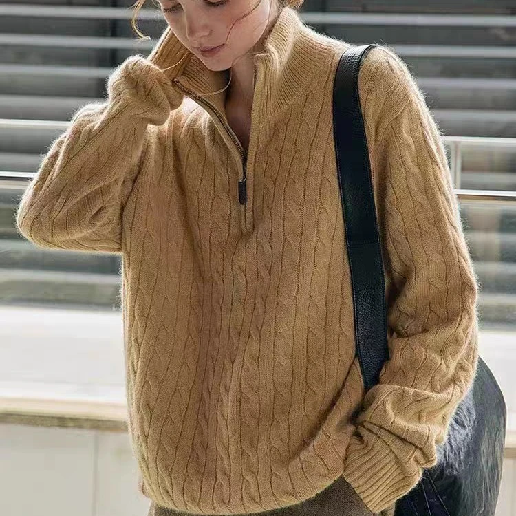 秋冬新款纯羊毛衫女半拉链立领慵懒风麻花针织毛衣时尚气质上衣