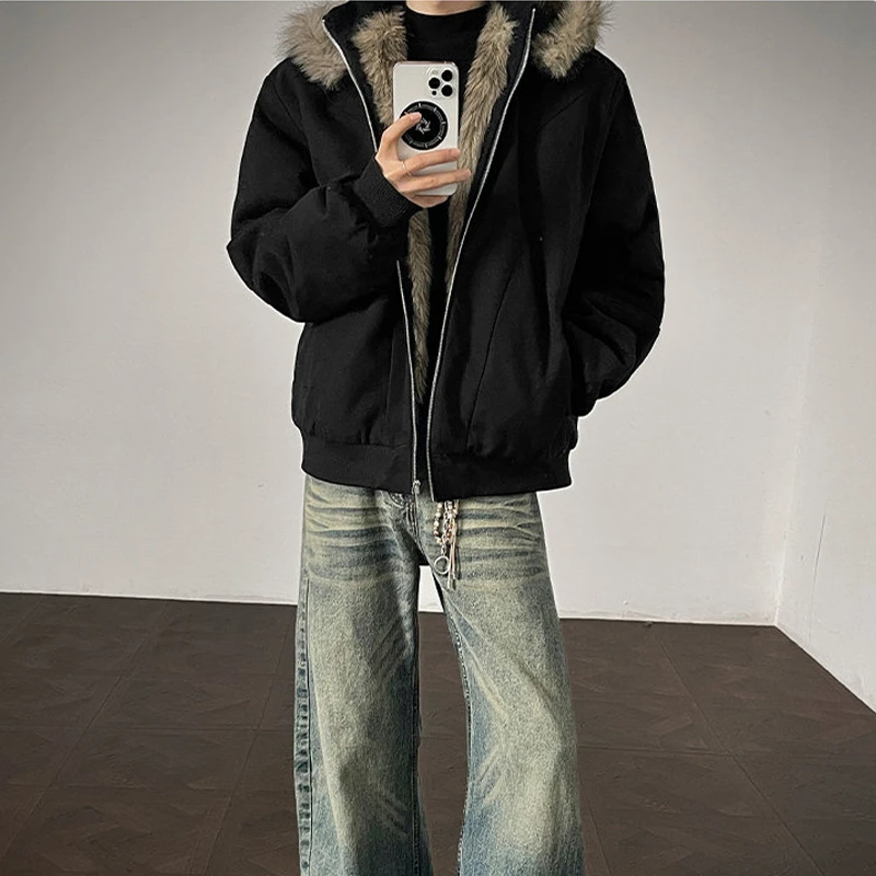 座山雕连帽外套男款冬季美式潮牌棉服加厚保暖痞帅可拆卸毛领棉衣