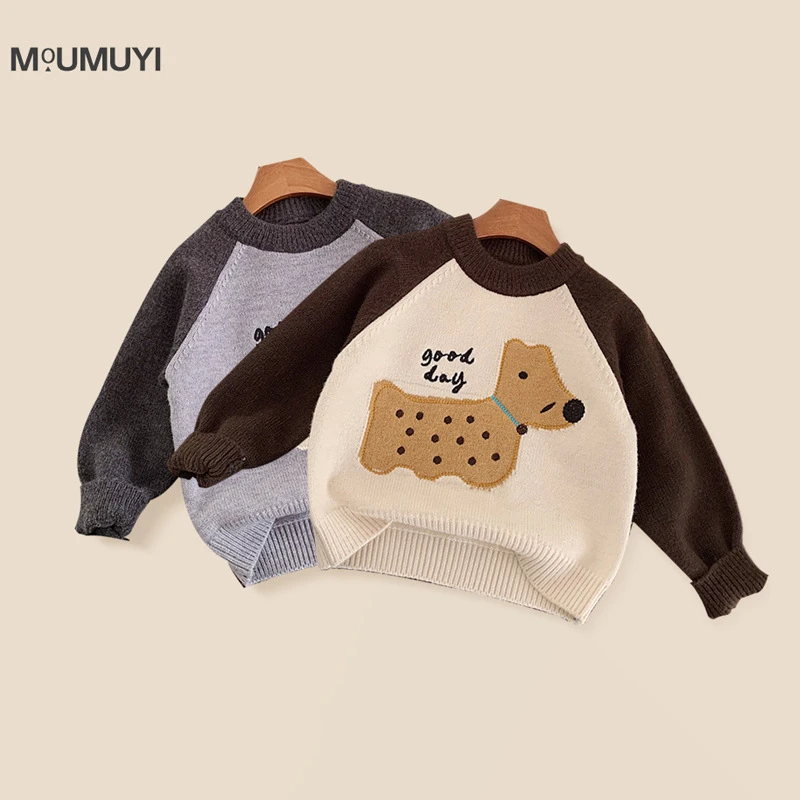 韩版童装2025冬季新款小狗插肩袖针织毛衣中小儿童秋冬款百搭毛衣