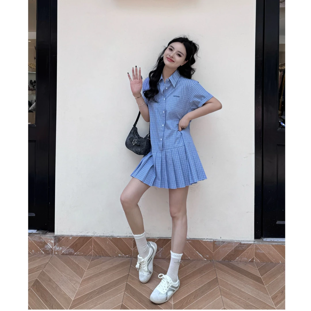 【miu里miu气】学院风miu系格纹翻领衬衫连衣裙宽松A字百褶短裙