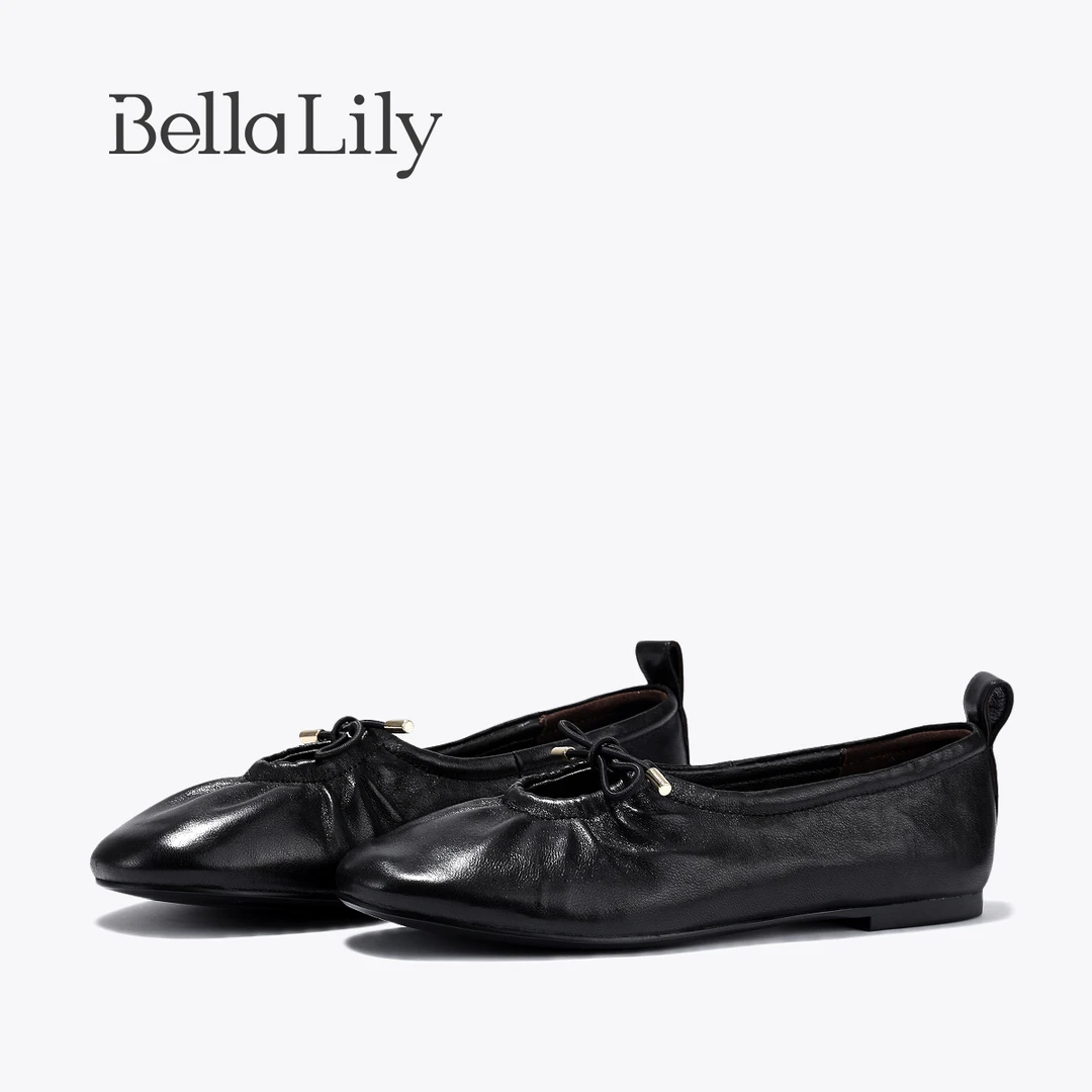 BellaLily2025夏季新款芭蕾舞单鞋女褶皱小皮鞋法式浅口平底鞋子