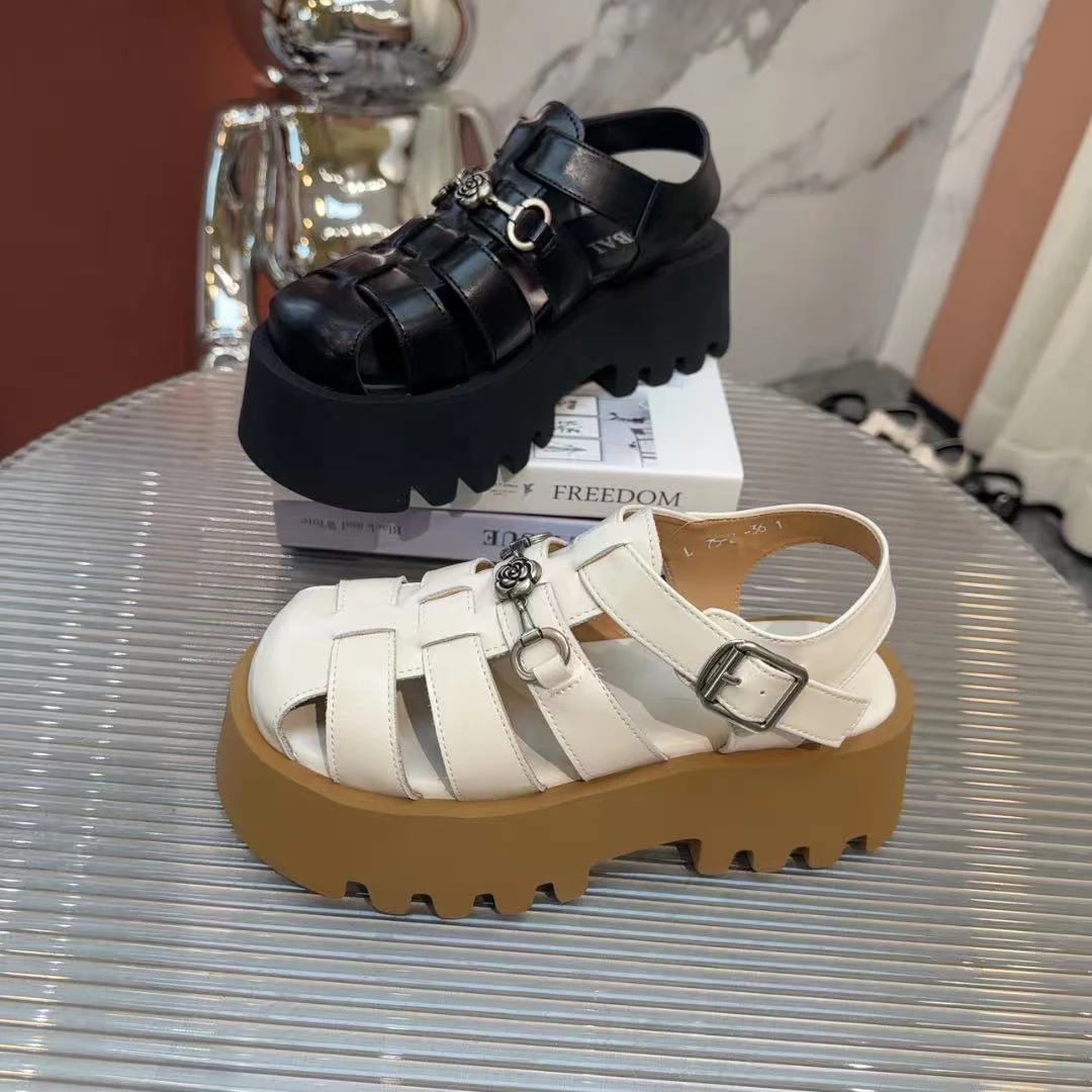 2025夏季女鞋松糕厚底镂空休闲鞋真皮增高猪笼鞋罗马凉鞋75-2泊