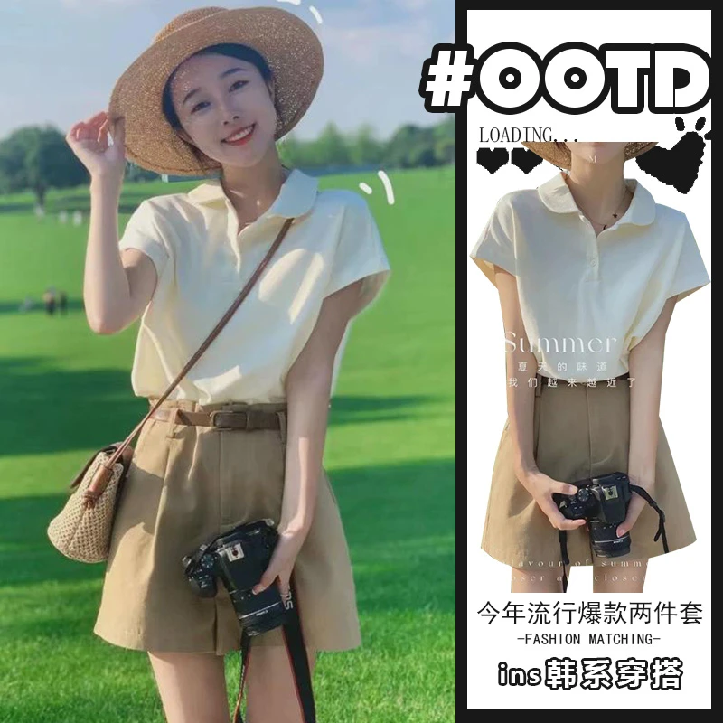 新款女式夏季穿搭两件套时尚气质翻领短袖上衣高腰显腿长阔腿短裤