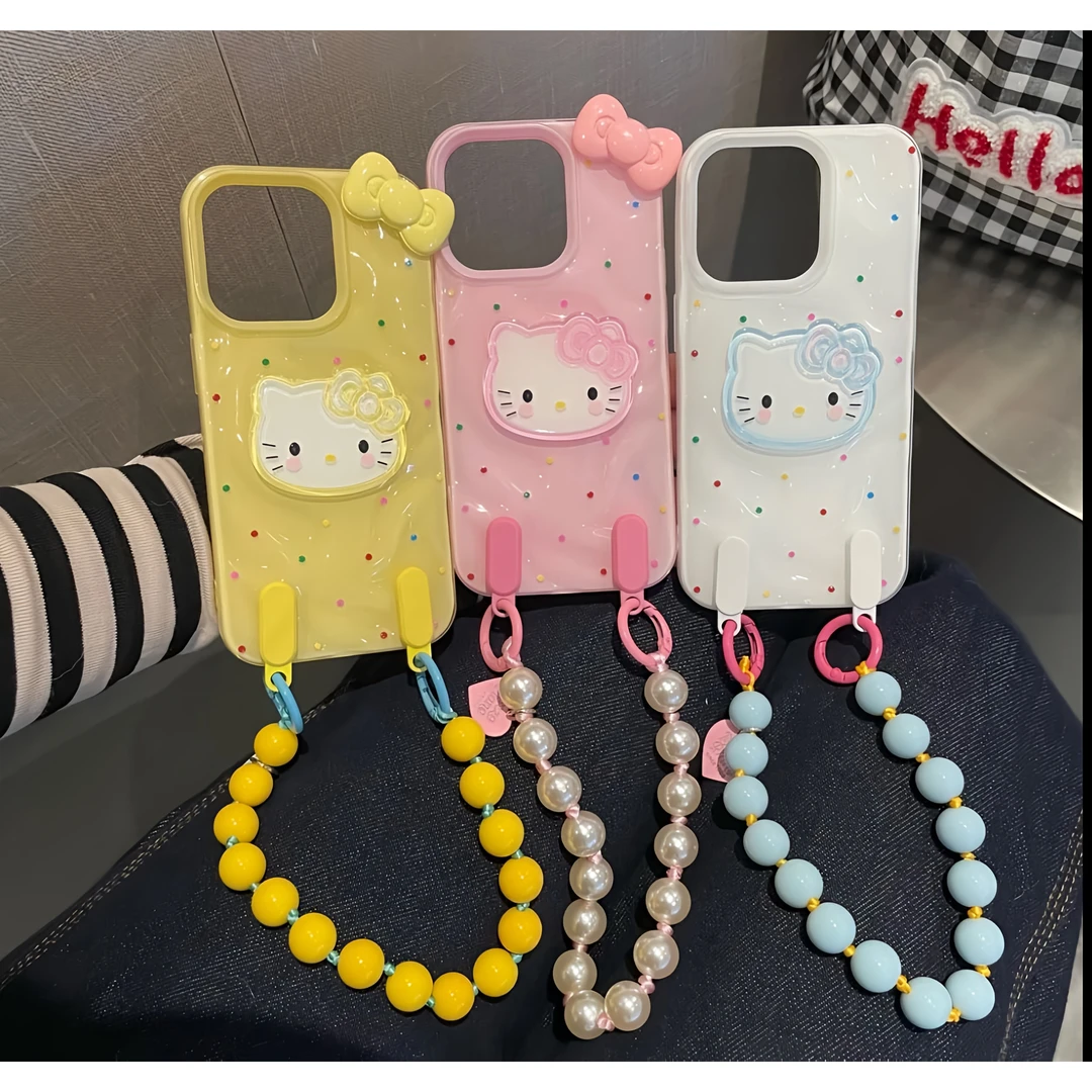 波点贴片Kitty猫蝴蝶结适用iPhone16/15/14/13苹果手提手机壳ins