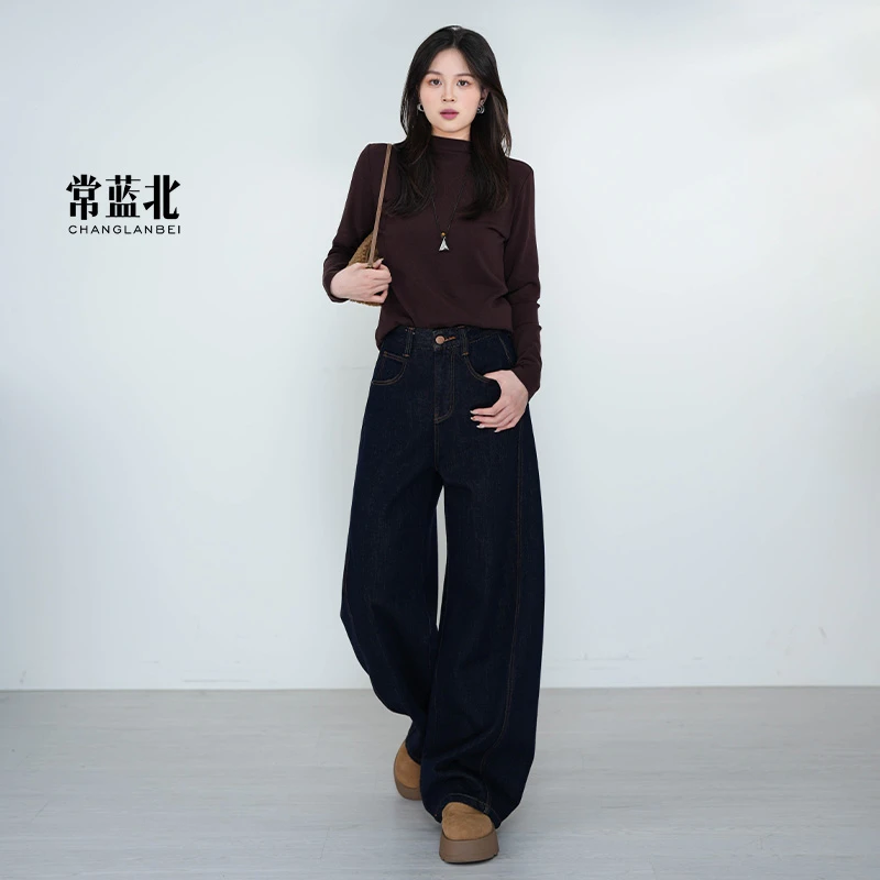 常蓝北【鎏光黑金】秋冬原创植绒黑金原牛丹宁蓝保暖百搭窄版弯刀裤