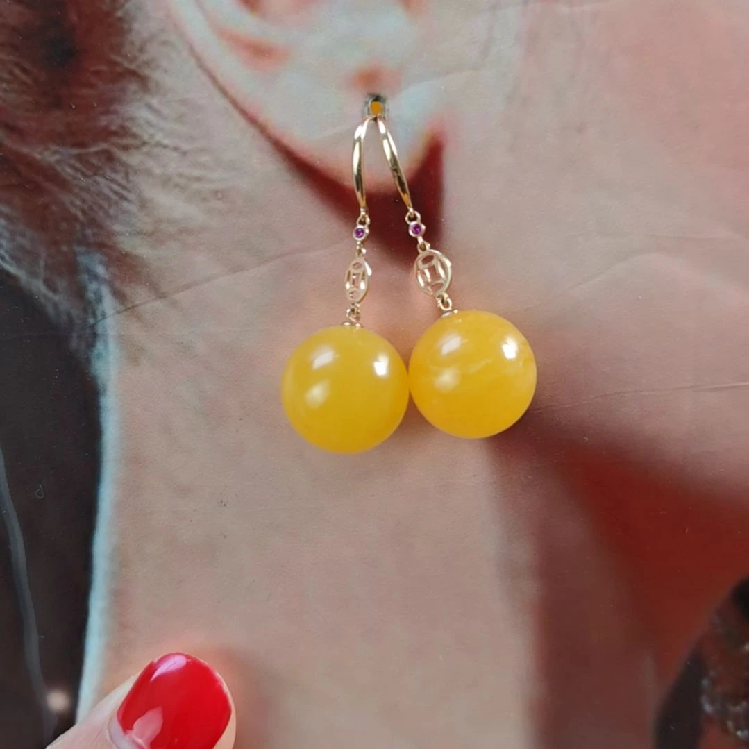 蜜蜡18K金镶嵌耳饰耳环18k金镶嵌16m