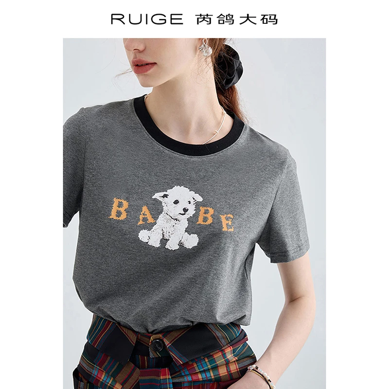 芮鸽微胖定制短袖正肩T恤微胖灰色圆领印花夏季套装新款胖mm上衣
