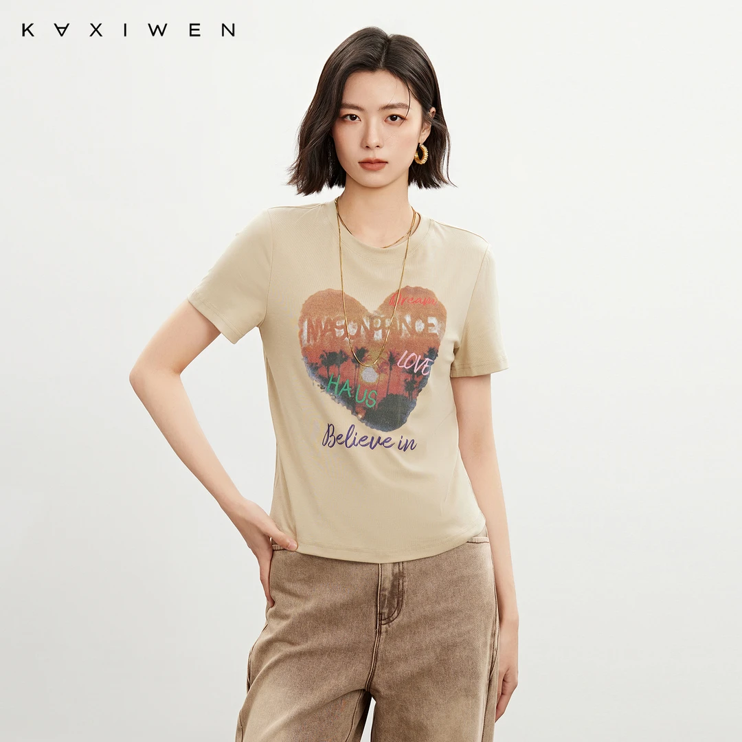 佧茜文休闲爱心印花T恤【春夏】美式简约洋气圆领上衣X03ATN2334