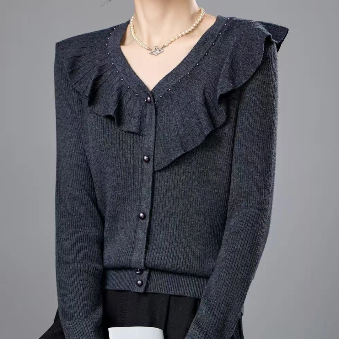 7297秋冬新款灰色V领荷叶边长袖设计感小众针织衫上衣