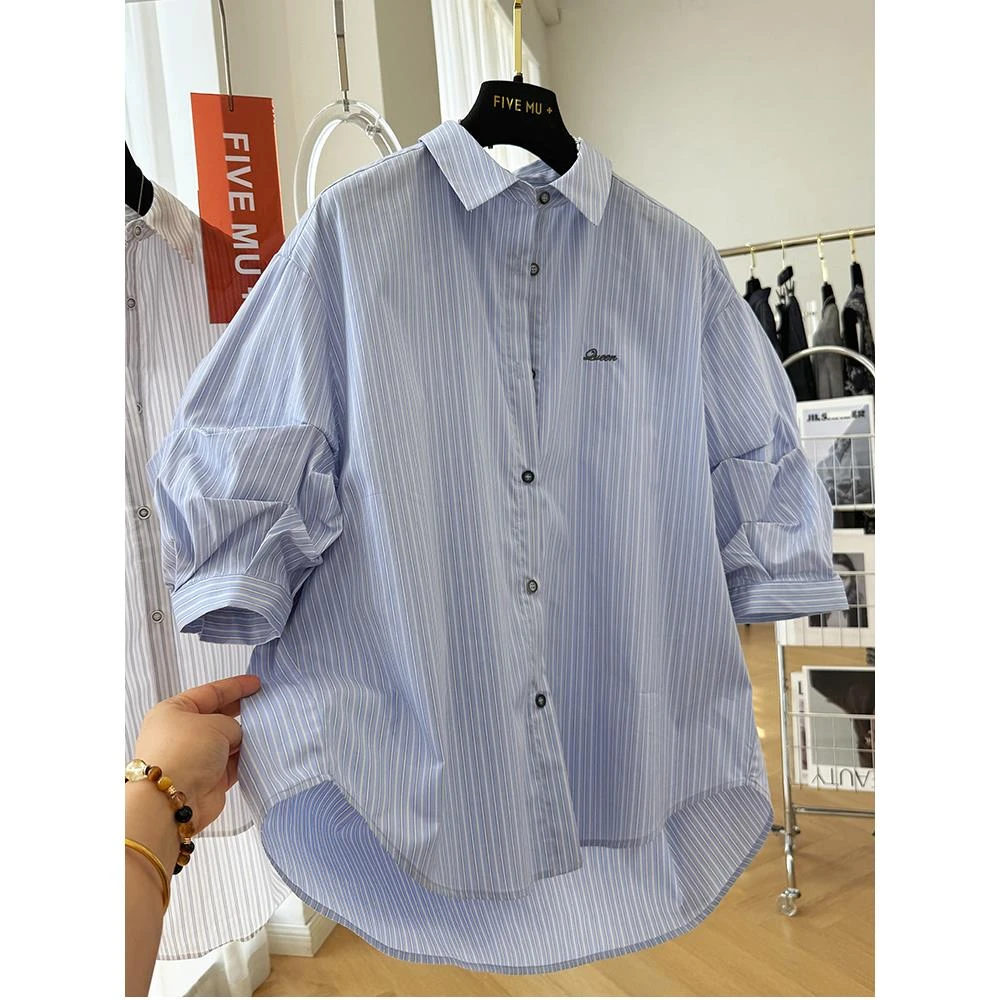 设计感独特别致超好看韩系条纹短袖衬衫女夏季高级感气质法式小衫