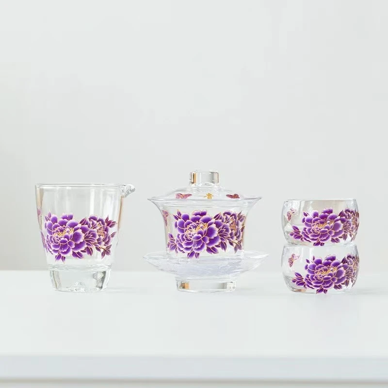 秋香茶具  变色紫牡丹盖碗一盖两杯+公道杯功夫茶具无礼盒-2862