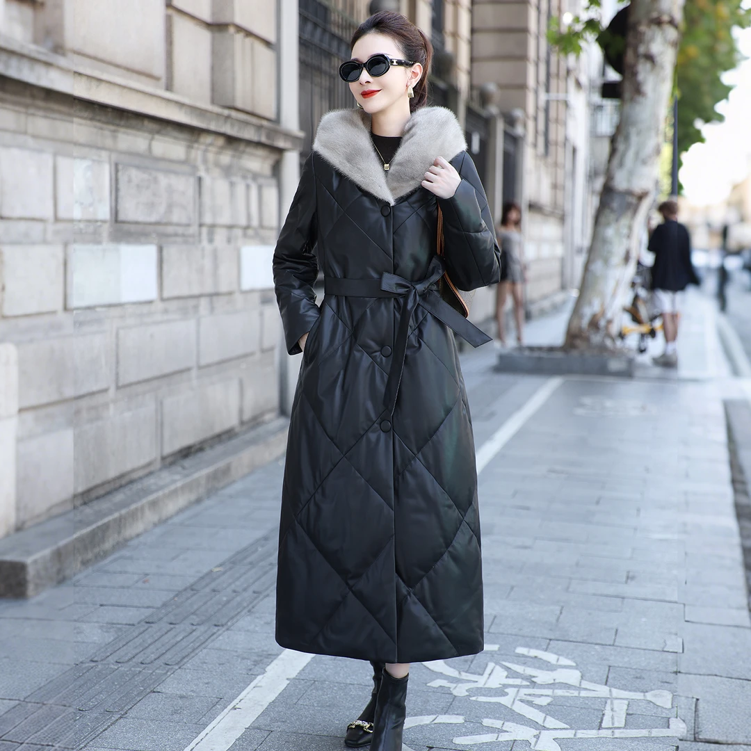 高端真皮鹅绒服水貂毛领连帽女长款系带显瘦保暖海宁绵羊皮羽绒服