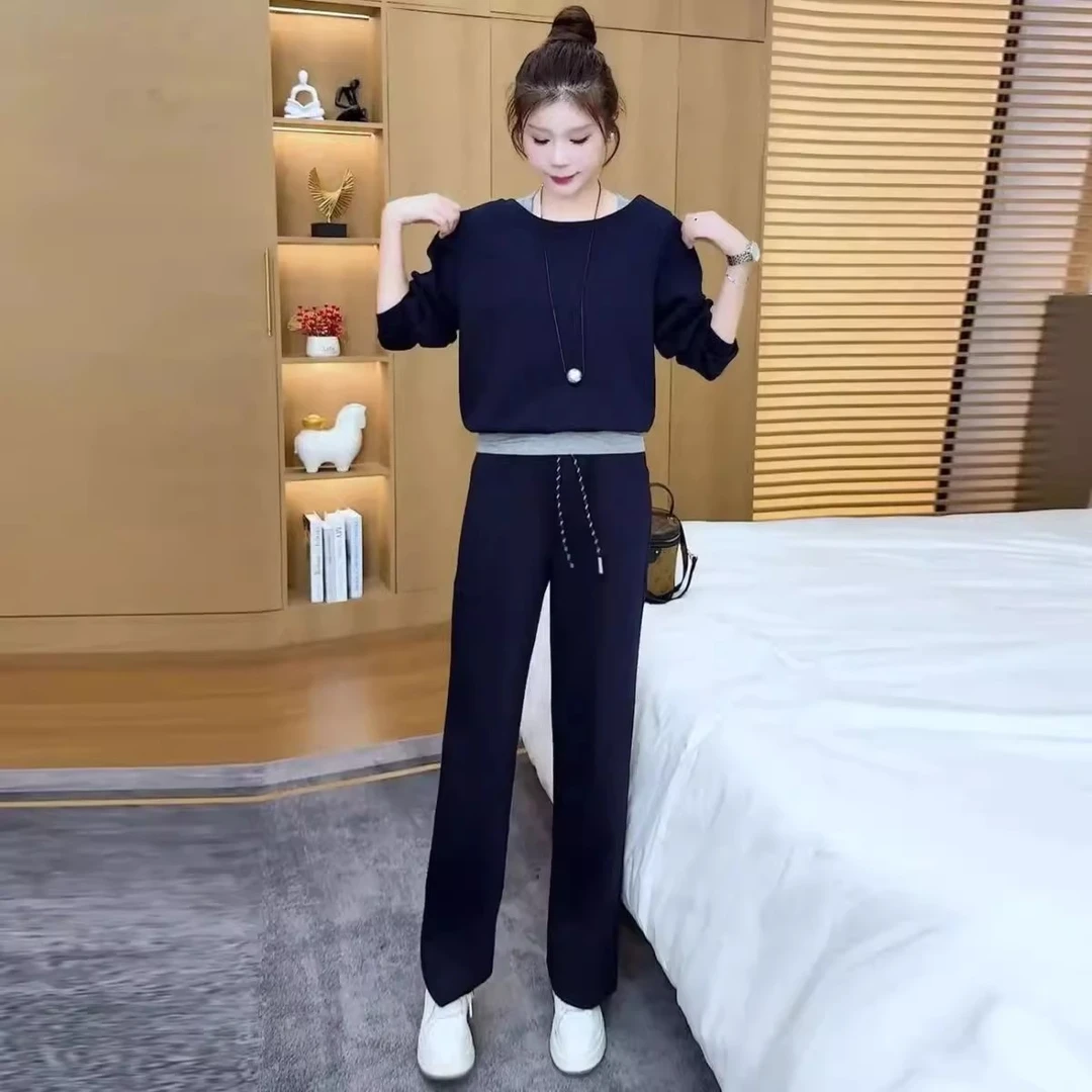 时尚休闲套装女2025秋季新款洋气显瘦拼接长袖卫衣阔腿裤两件套