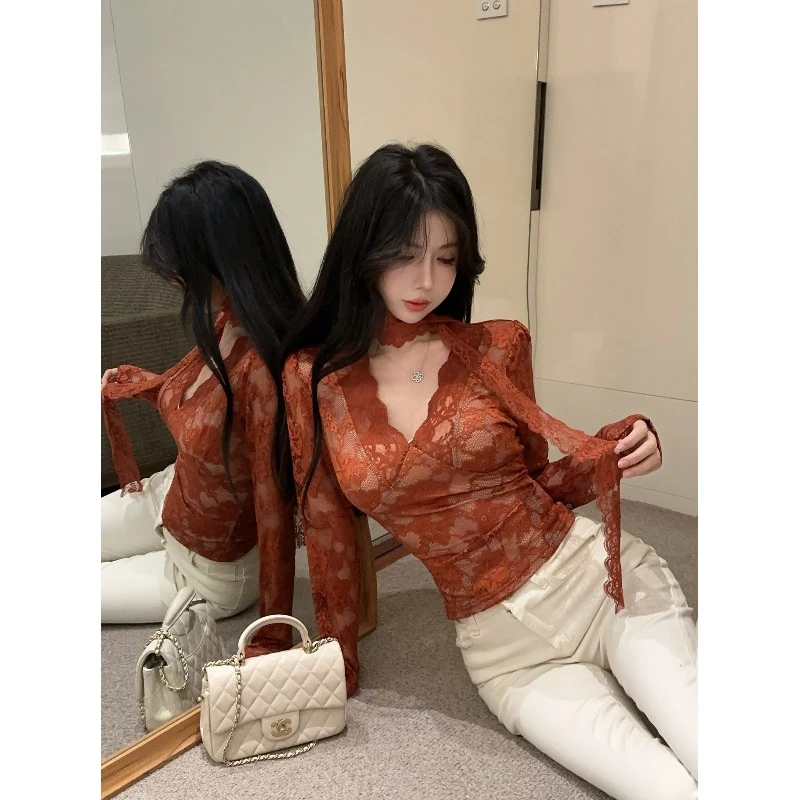 纯欲辣妹深v领挂脖上衣女冬季新年红色加绒蕾丝打底衫内搭可外穿