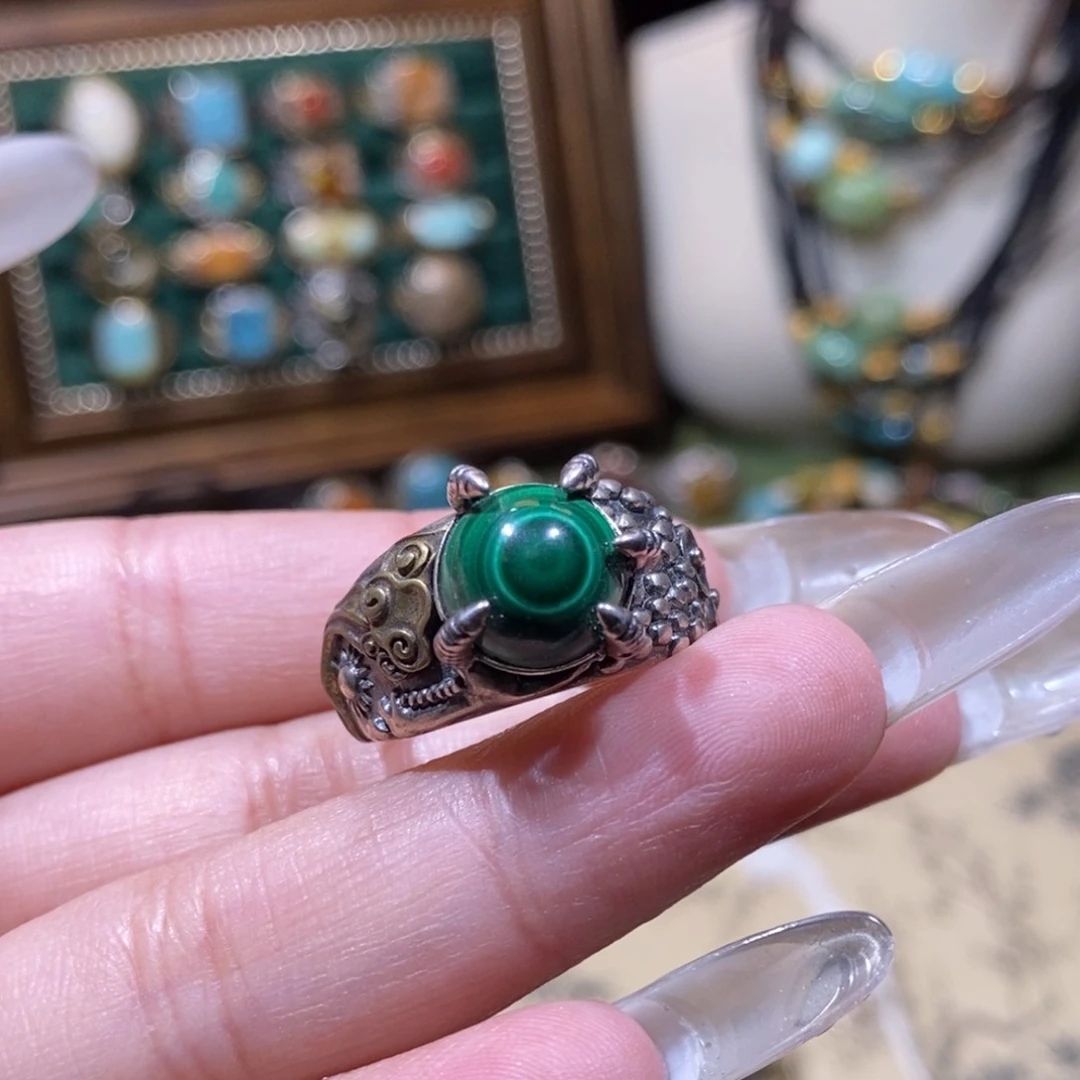 孔雀石银S925镶嵌戒指人****戒指