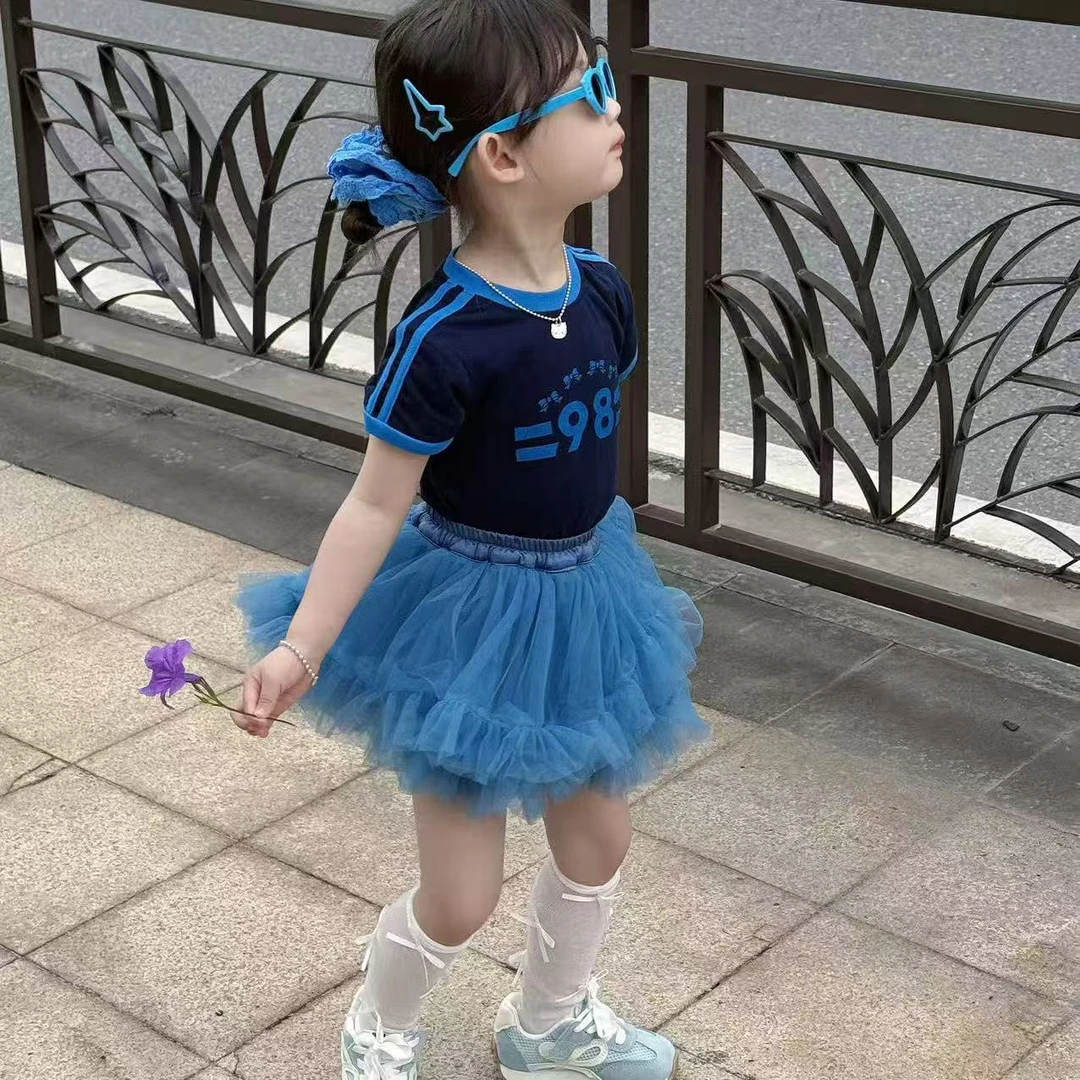 超显白 女童夏季韩版洋气短袖t恤网纱蓬蓬裙两件套宝宝蓝色套装