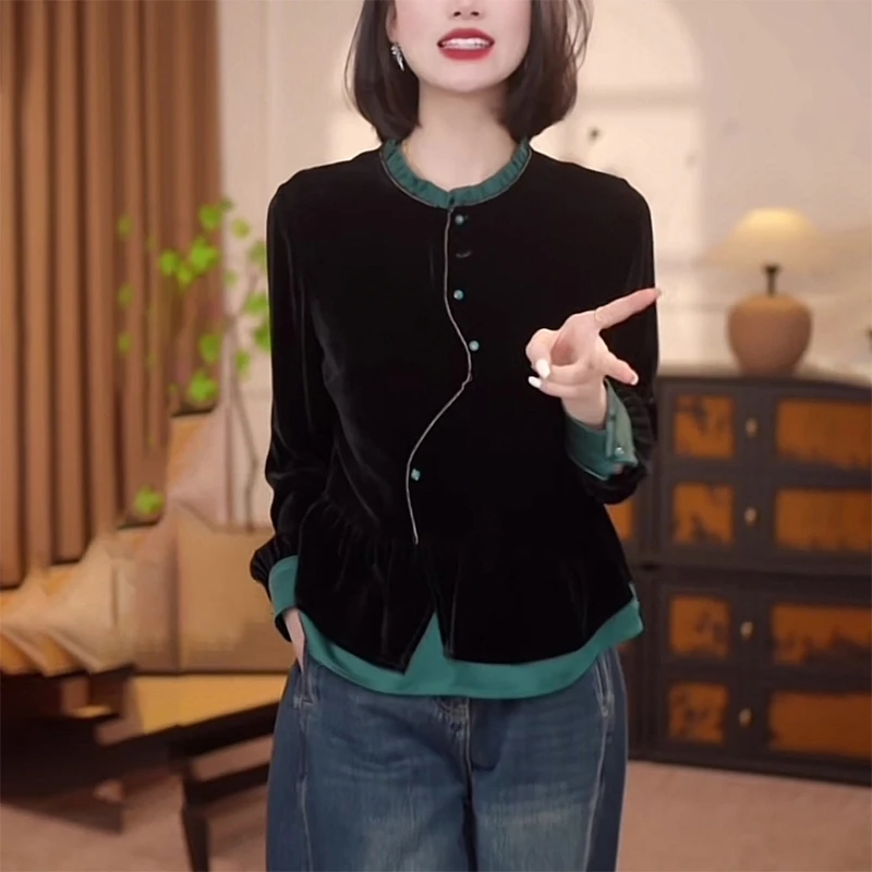 黑色立领木耳边女装长袖衬衫女秋季新款中式国风高端衬衣丝绒上衣
