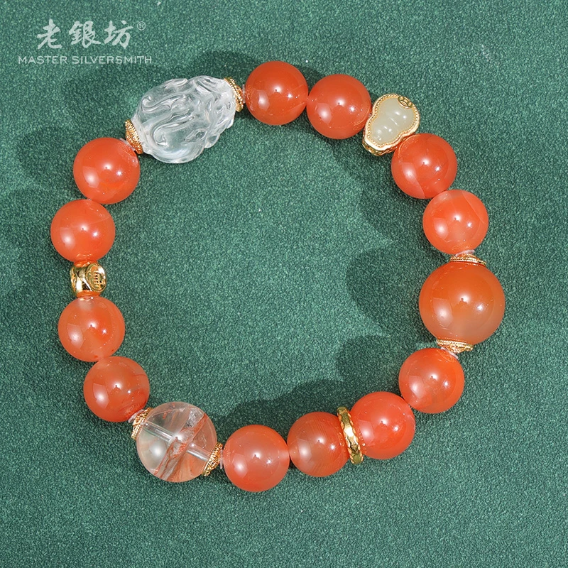 【老银坊】s925银南红貔貅胶花白水晶手串 00351687