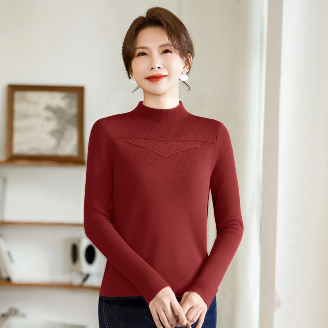 秋冬保暖半高领针织衫女2025新款纯色百搭上衣镶钻时尚减龄妈妈装