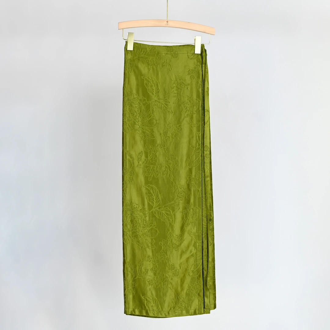 玉家人复古中式中国风长款百搭裙子民族风绿色半裙