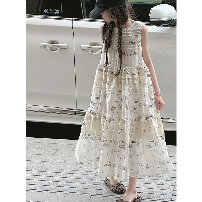 K28716重工蕾丝女童连衣裙2025新款夏装儿童公主裙子气质时尚长裙