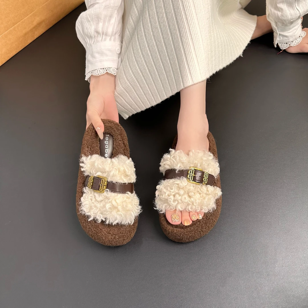 Tagabe秋冬时尚韩版保暖圆头皮带扣厚底增高外穿一字拖鞋女毛拖