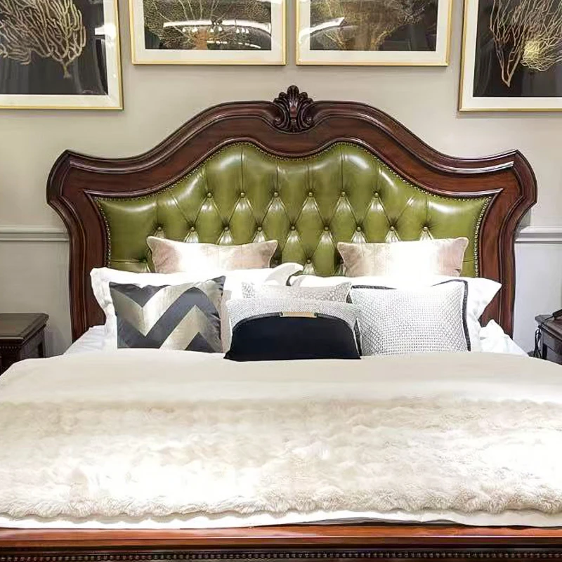 核桃木美式软包大床简约轻奢复古古典奢华主卧床头雕花主卧室大床