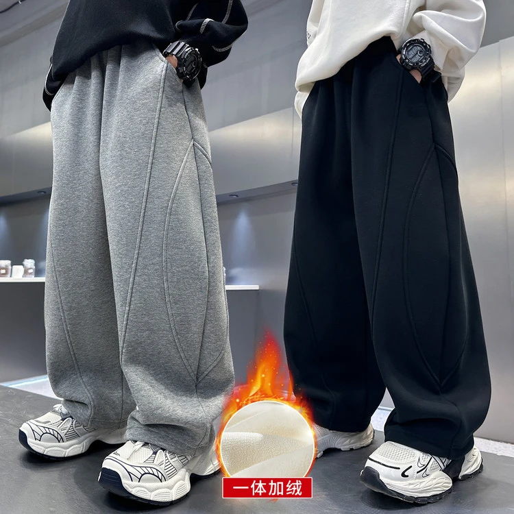 男童休闲裤冬季中大童冬装加绒弯刀裤儿童冬款一体绒百搭长裤潮酷