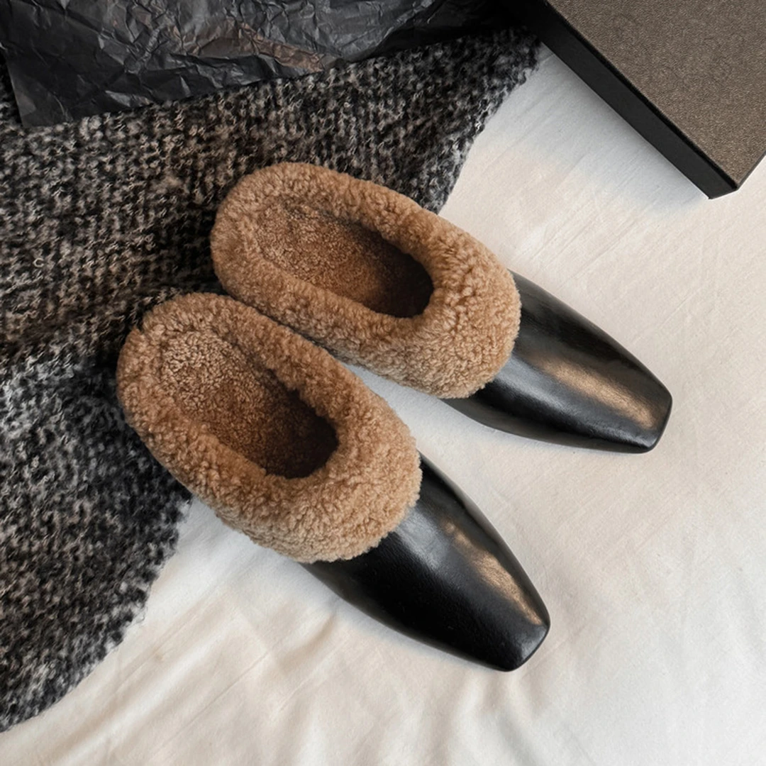 真皮复古毛毛包头半拖鞋女2025秋冬新款加绒保暖舒适一脚蹬穆勒鞋