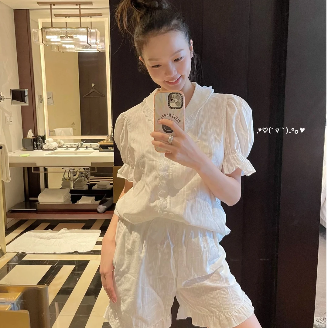 韩系ins  全棉提花  短袖短裤套装