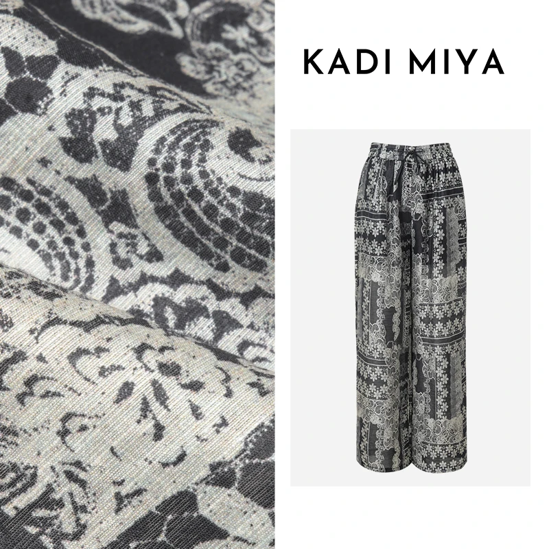 KADIMIYA【松风慢】度假风天丝麻复古印花休闲裤松紧腰抽带直筒裤女