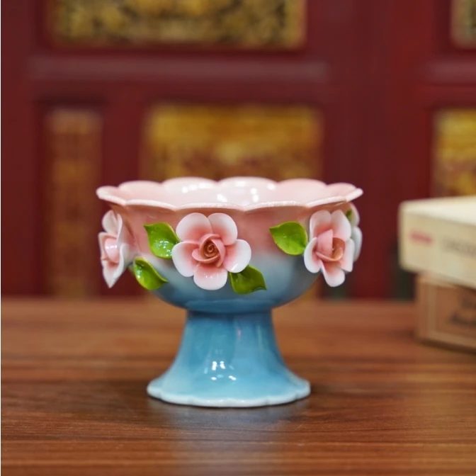 非遗手捏花高脚果盘家用