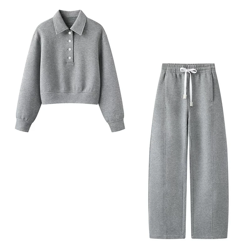 现货2025春新款百搭宽松半纽扣POLO领套头灰色卫衣运动休闲上衣女