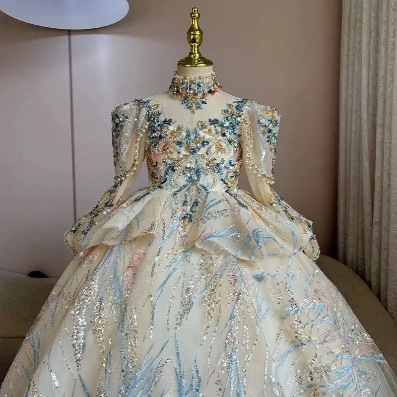 女童礼服高端轻奢小众长袖蓬蓬公主裙主持人高级感钢琴演奏演出服