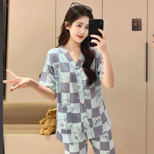 【两件套】云朵绵清爽舒适女夏季短袖长裤休闲百搭睡衣家居服套装