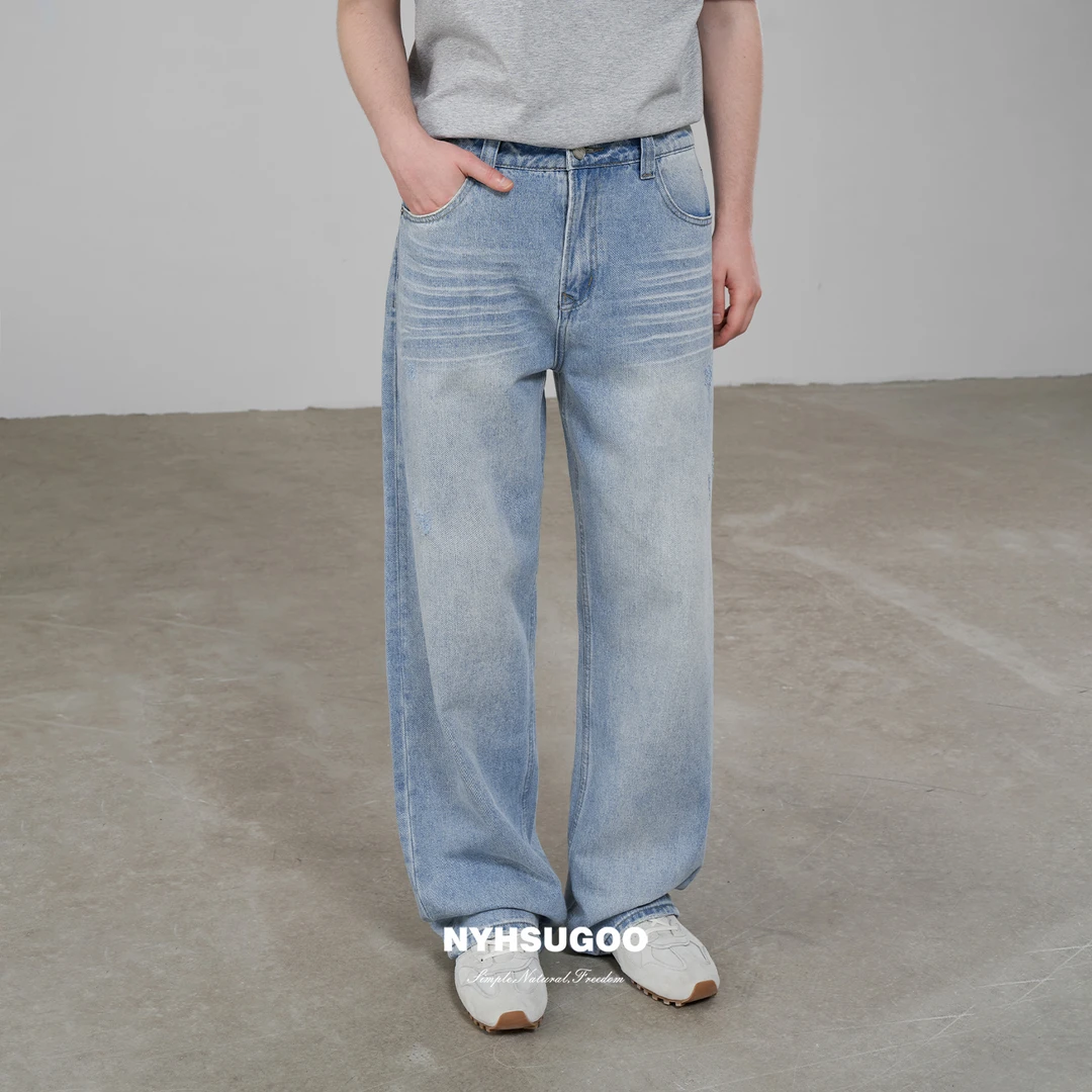 NYHSUGOO/南乙夏季牛仔裤炒盐工艺男士3656洗水手工猫须牛仔裤