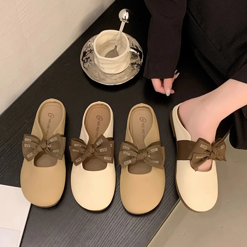 2025仙女风蝴蝶结包头平底磨砂包头拖方头小众半拖春夏百搭网红