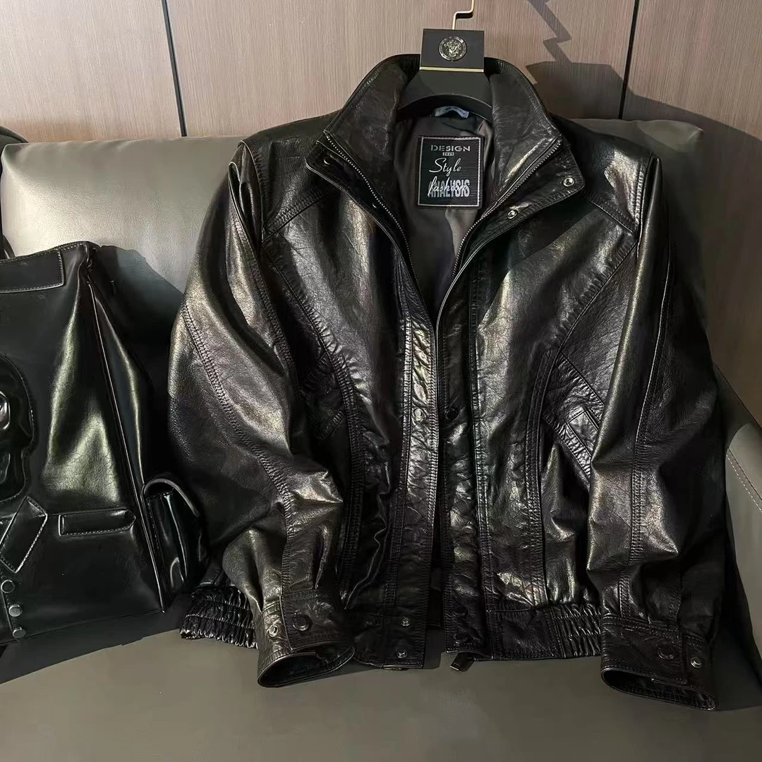 春秋新款男女同款头层牛皮皮外套真皮夹克宽松潮流黑色休闲时尚