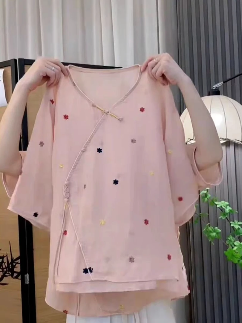 复古中式盘扣女夏季民族风斜襟流苏套头小衫麻料绣花衬衣