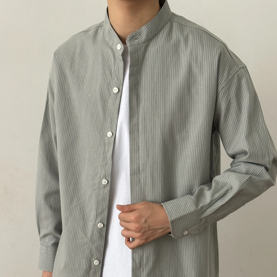 100%纯棉衬衫上衣春秋季新中式立领男士宽松质感休闲长袖条纹衬衣
