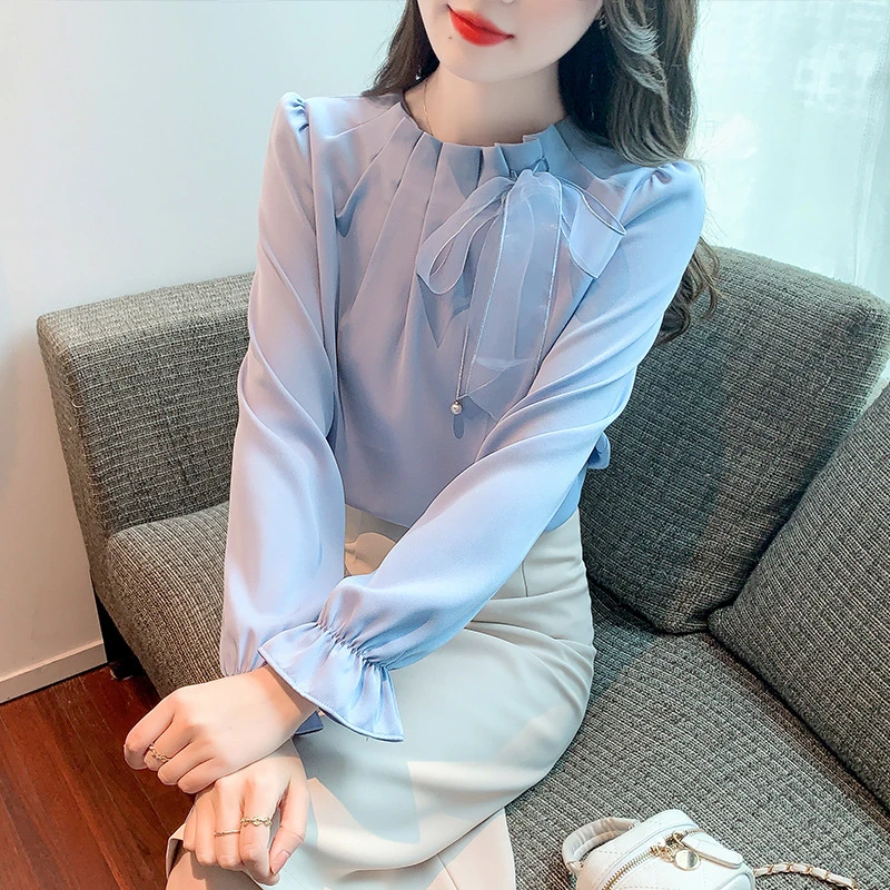 实拍现货~雪纺衫女上衣2025秋装新款蝴蝶结长袖洋气小衫衬衫