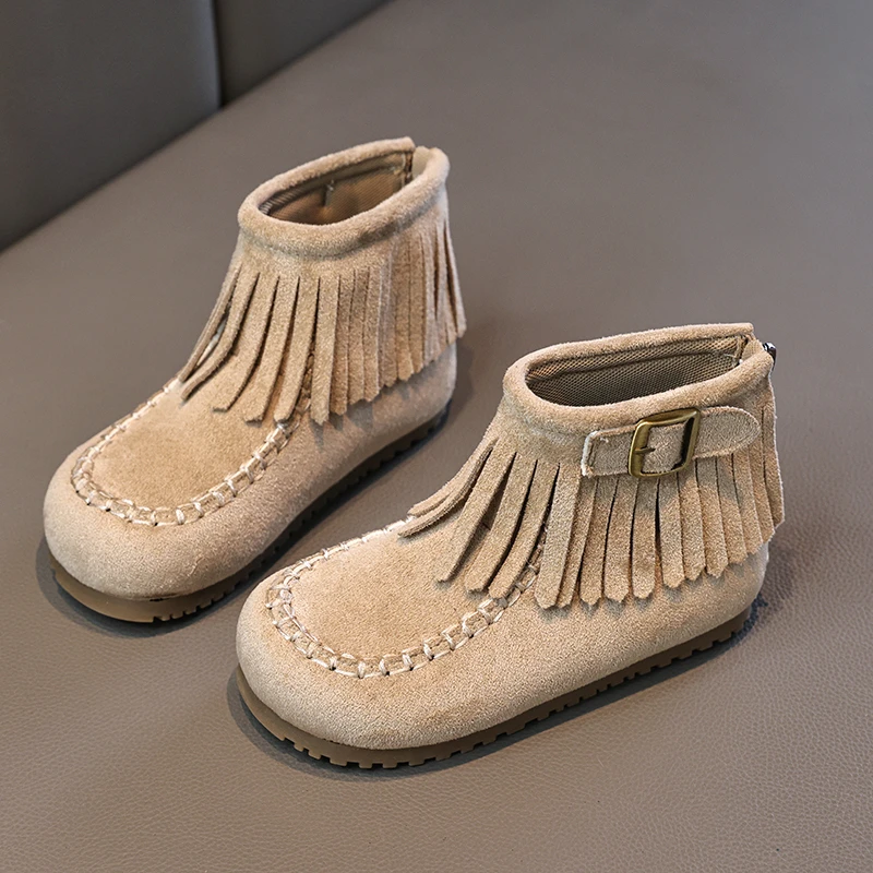 ABC女童勃肯短靴2025秋季新款时尚复古流苏皮靴女孩洋气休闲靴子