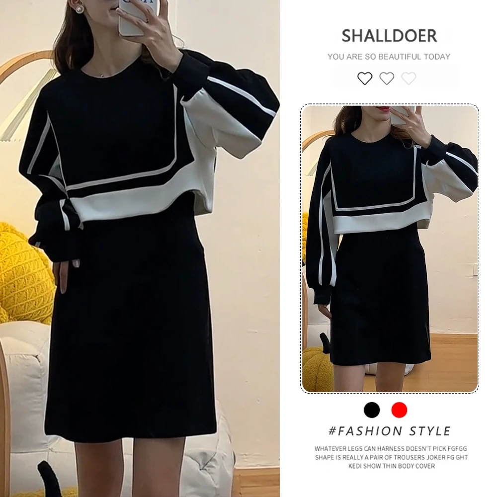黑色假两件卫衣裙女春秋装2025新款气质收腰显瘦长袖中长连衣裙子