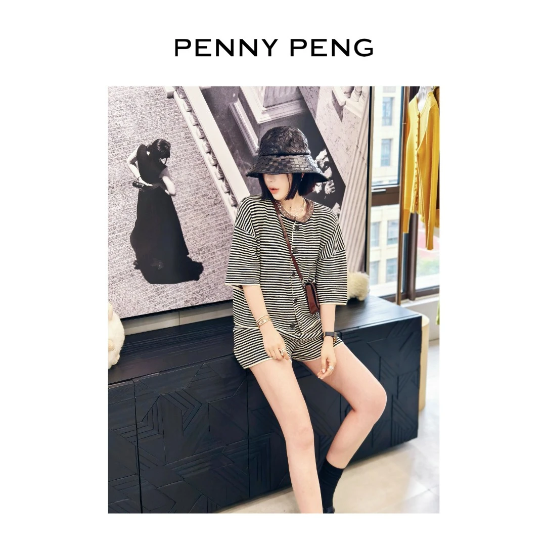 PENNYPENG条纹美学【现货】100棉洋气休闲宽松百搭条纹上衣短裤套装