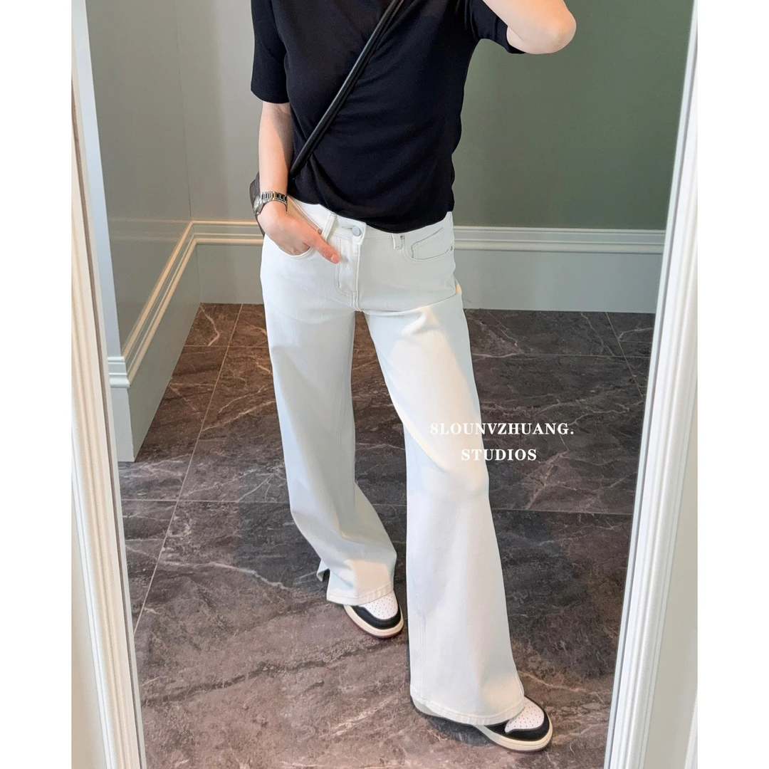 中高个子白色显瘦窄版阔腿裤花匣子牛仔裤2025新款侧面开叉70291