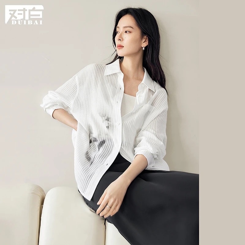 对白肌理感水墨印花纯棉白色衬衫女2025春季新款气质宽松长袖衬衣